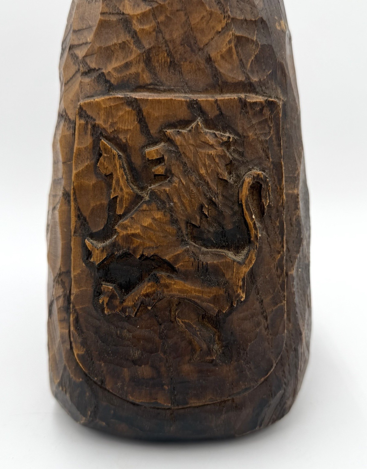 Hand Carved Wood Tankard Mug Lion Crest Rustic Medieval Decor