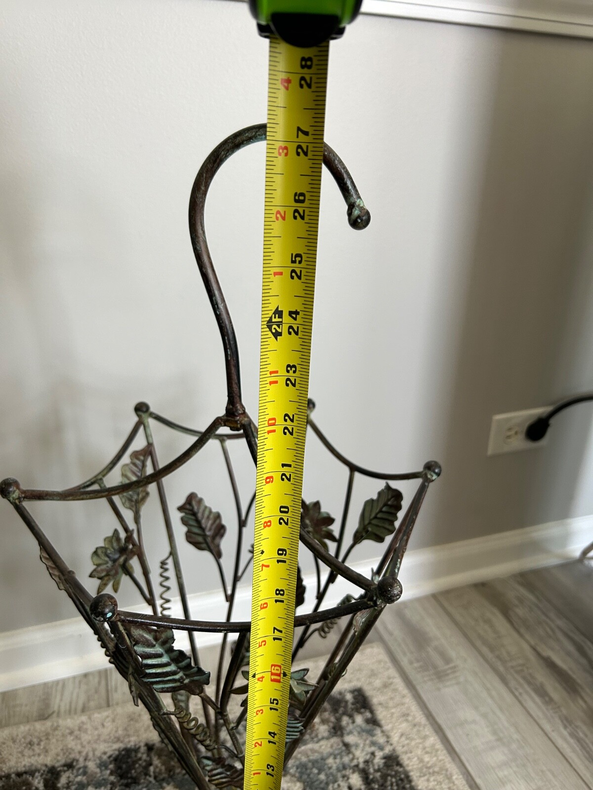 Vintage Wrought Iron Floral & Leaf Green Patina Umbrella Stand app 28” x 12”