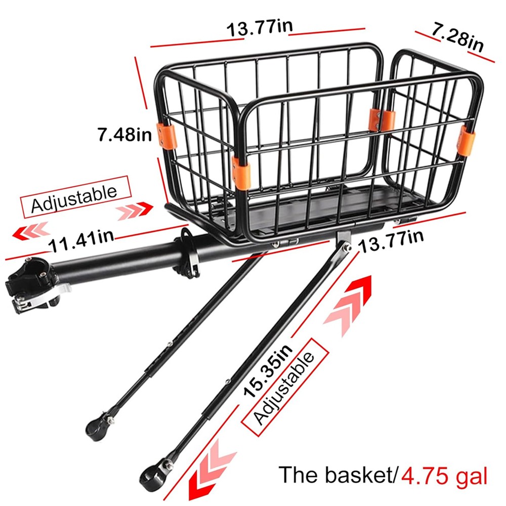 Rear Bike Rack with Basket Aluminum Alloy Adjustable Foldable Basket with Cord
