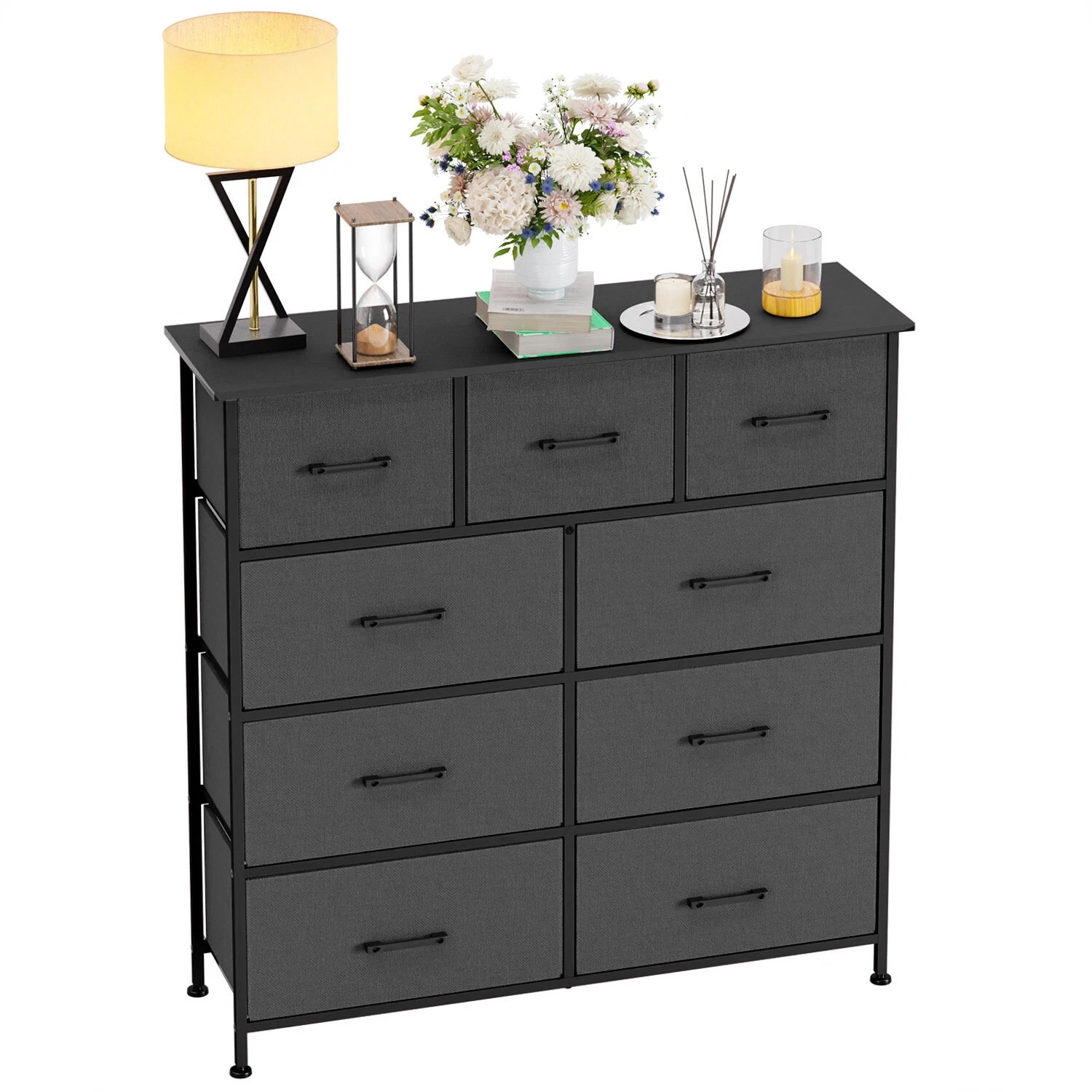 9-Drawer Fabric Dresser, Wide Chest of Drawers Storage Unit with Metal Frame