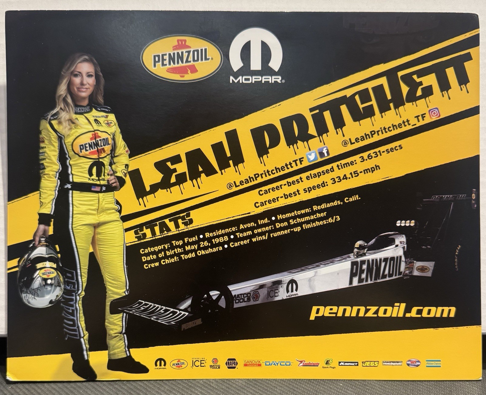 2019 Leah Pritchett Pennzoil Top Fuel Dragster Autographed Hero Cards