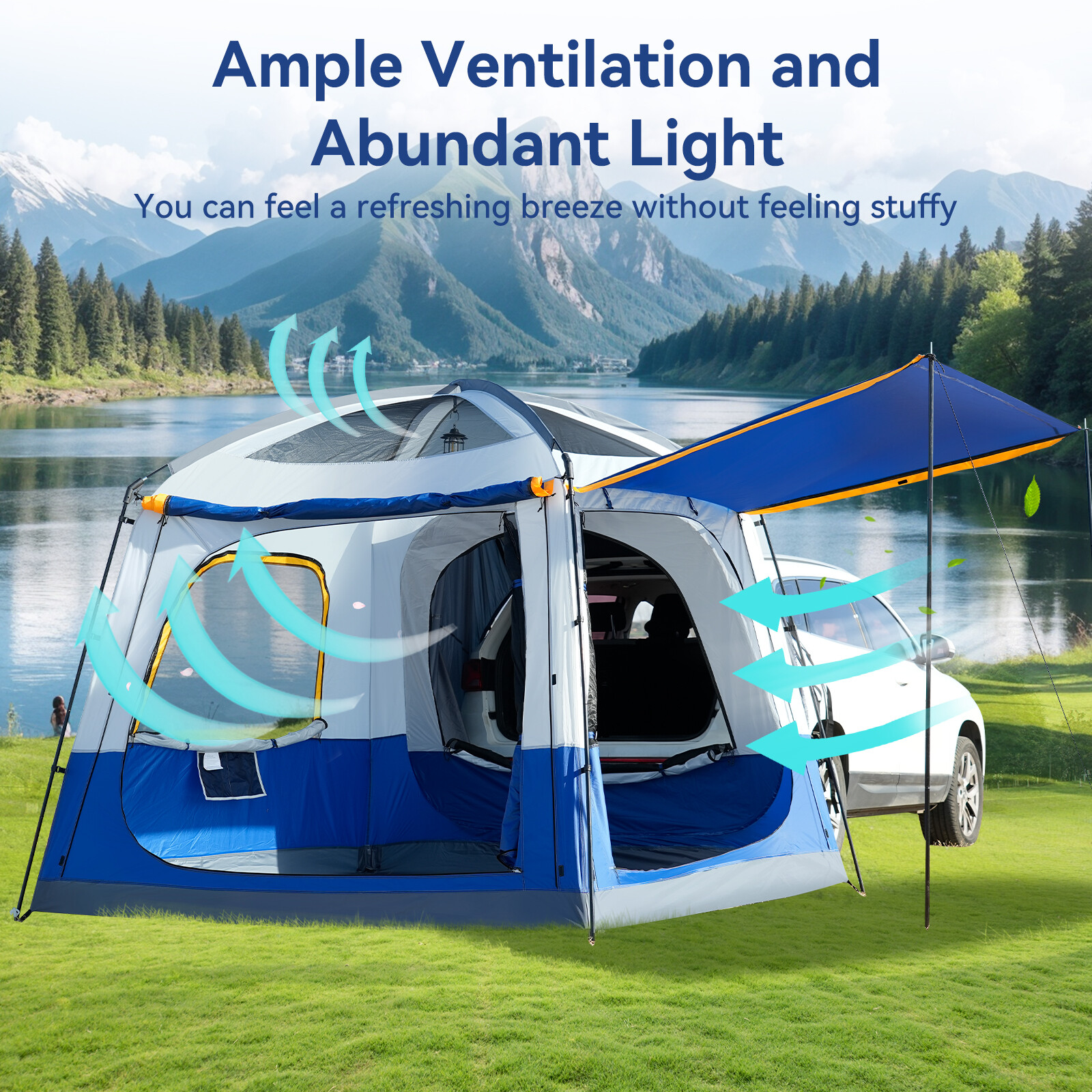 NAIZEA SUV Tent for Camping, 6-Person Car Tent 8.2'*8.2'*87in(H) With 2 Porchs