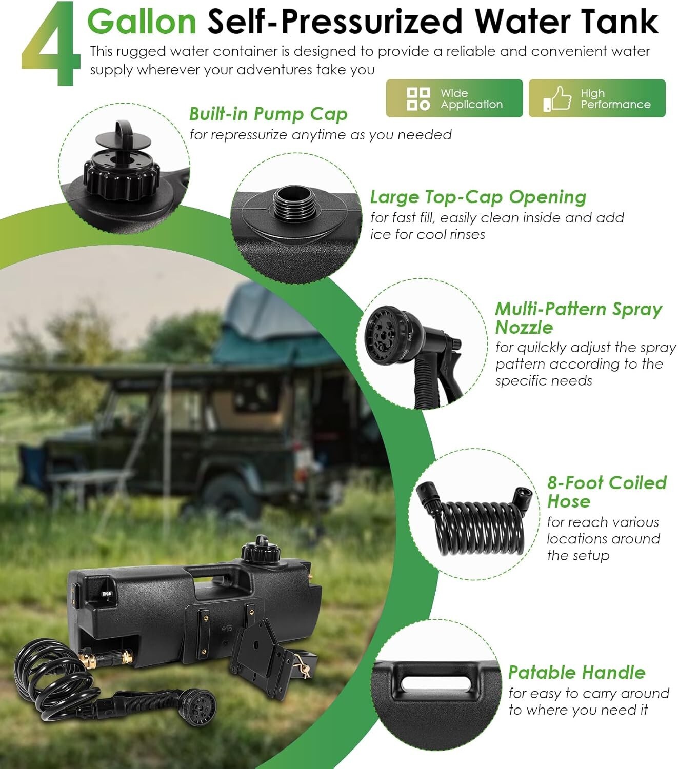 4.0 Gallon Self-Pressurized Water Tank for Camping Showers, Multiple Mounting