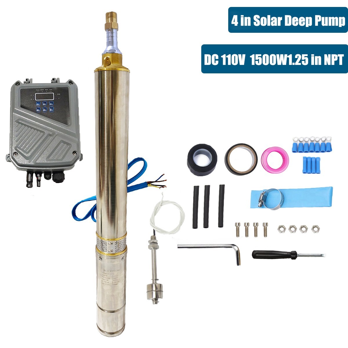 4" Solar Pump Submersible Pump DC 110V 1500W Bore Deep Well Pump+MPPT Controller