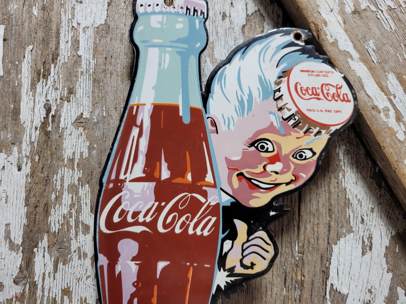 VINTAGE COCA COLA PORCELAIN SIGN BOTTLE CAP BOY SODA COKE BEVERAGE FOOD STORE