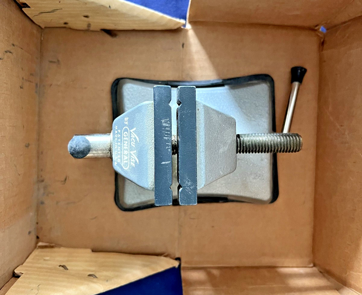 Vintage Small Portable Vacu Vise by General 2.5" USA in orig. box - no suction?