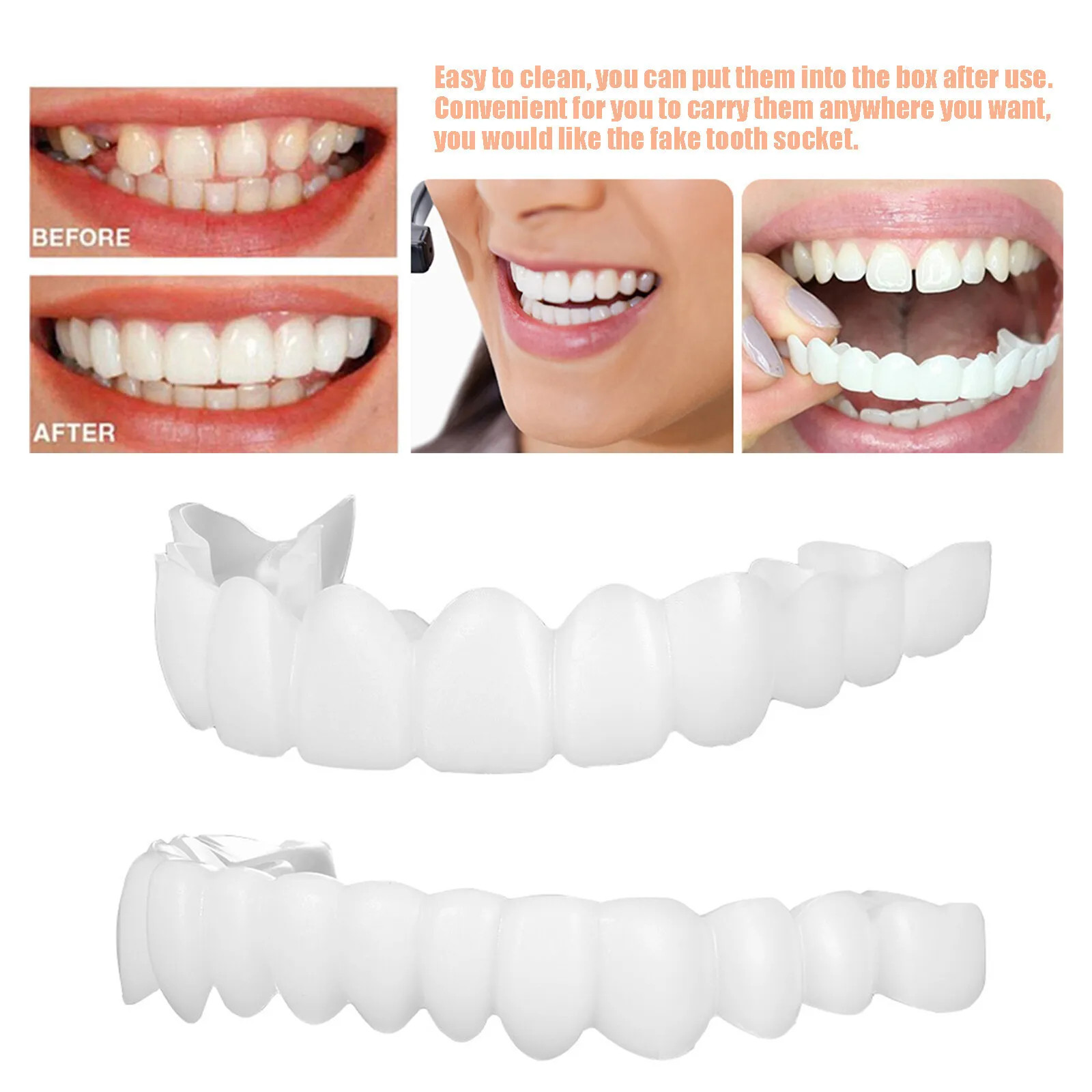 Snap On Upper＆Bottom Set False Teeth Dental Veneers Denture Tooth Cover Silicone