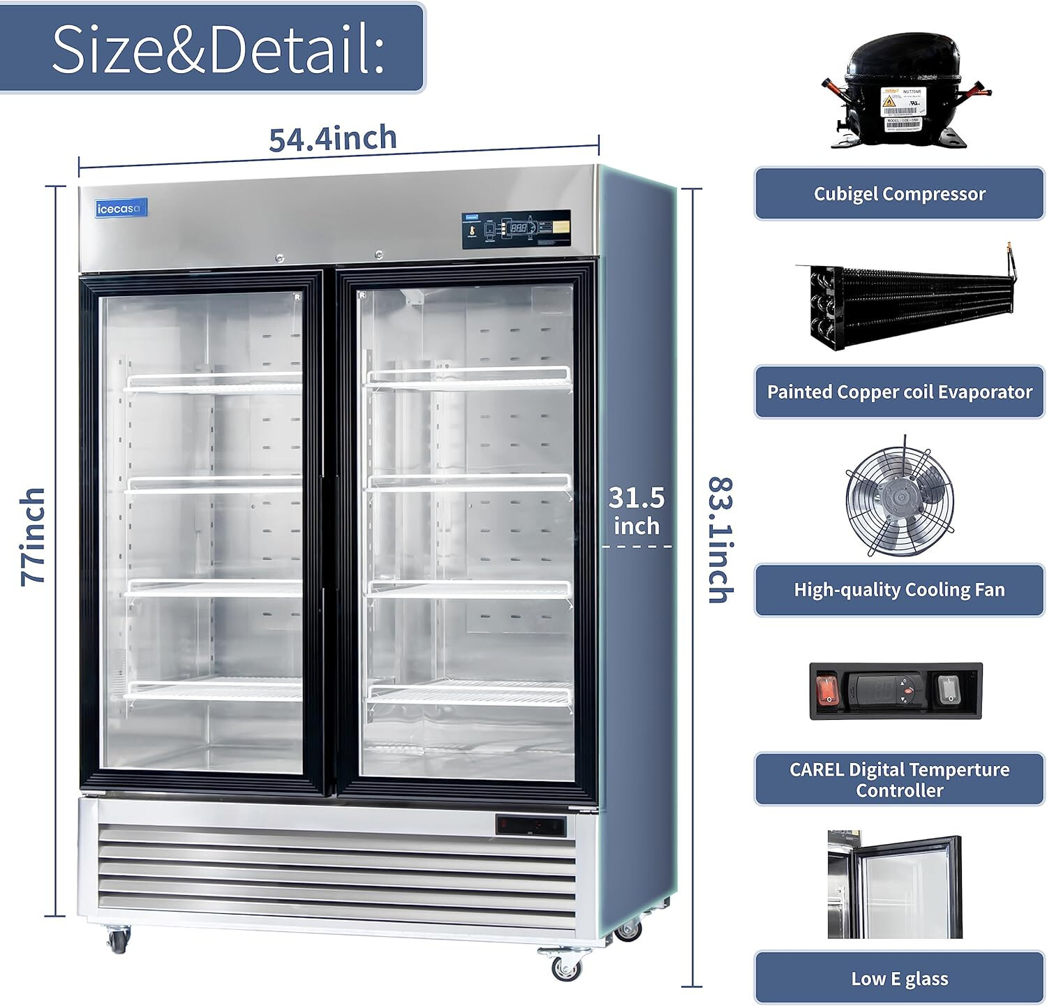 54" Commercial Glass Door Refrigerator, 2 Door Reach-In Merchandiser 49 Cu.ft