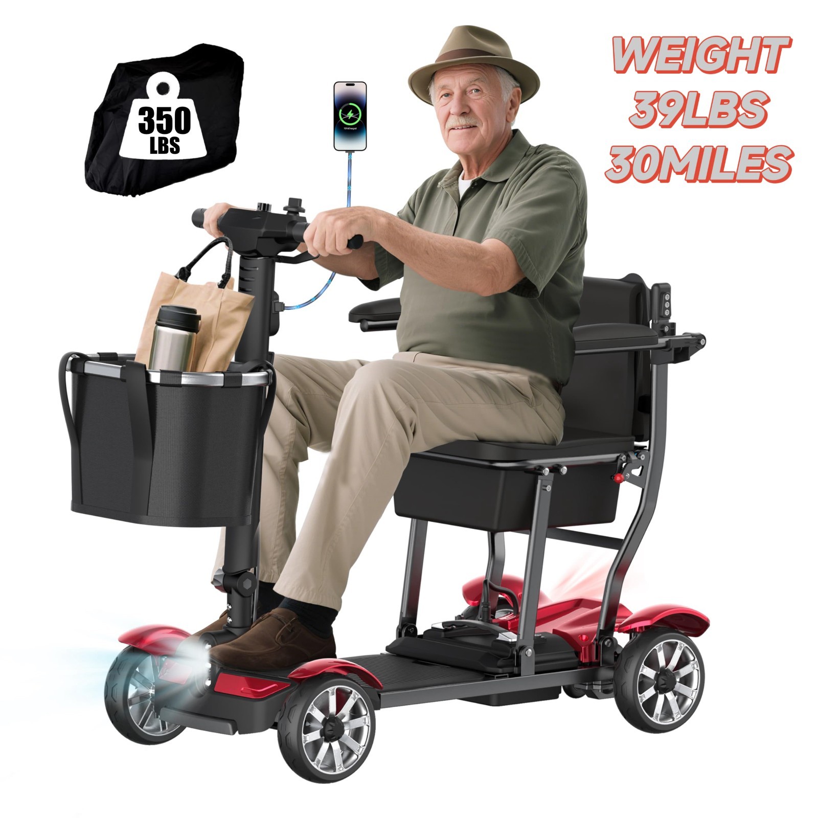 Lightweight 39lbs Foldable 4-Wheel Mobility Scooter for Adults, Airline Approved