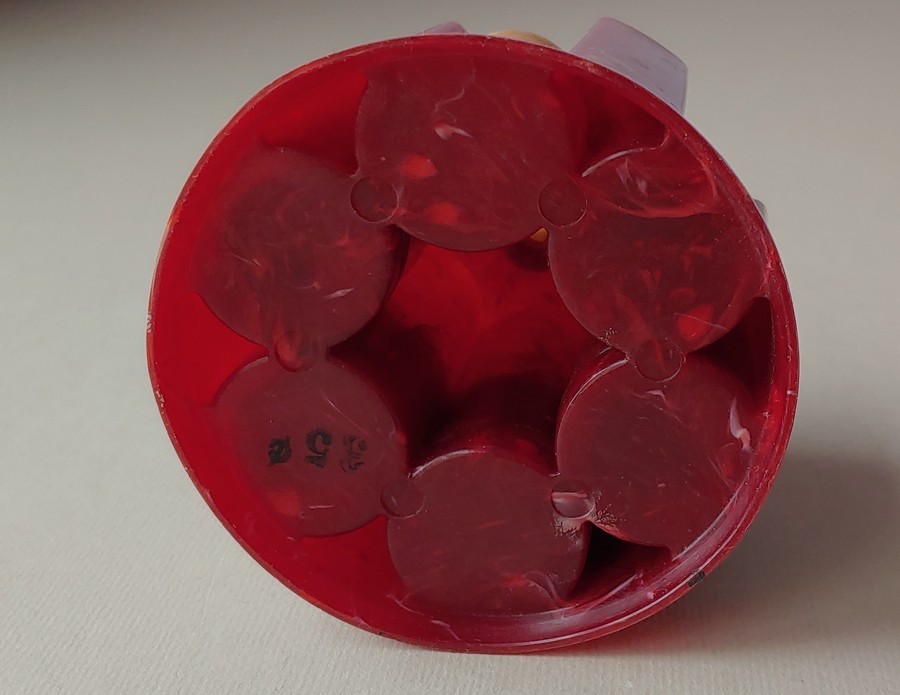 Vintage thread spool caddy red marbled plastic sewing notion organizer 3.5" H