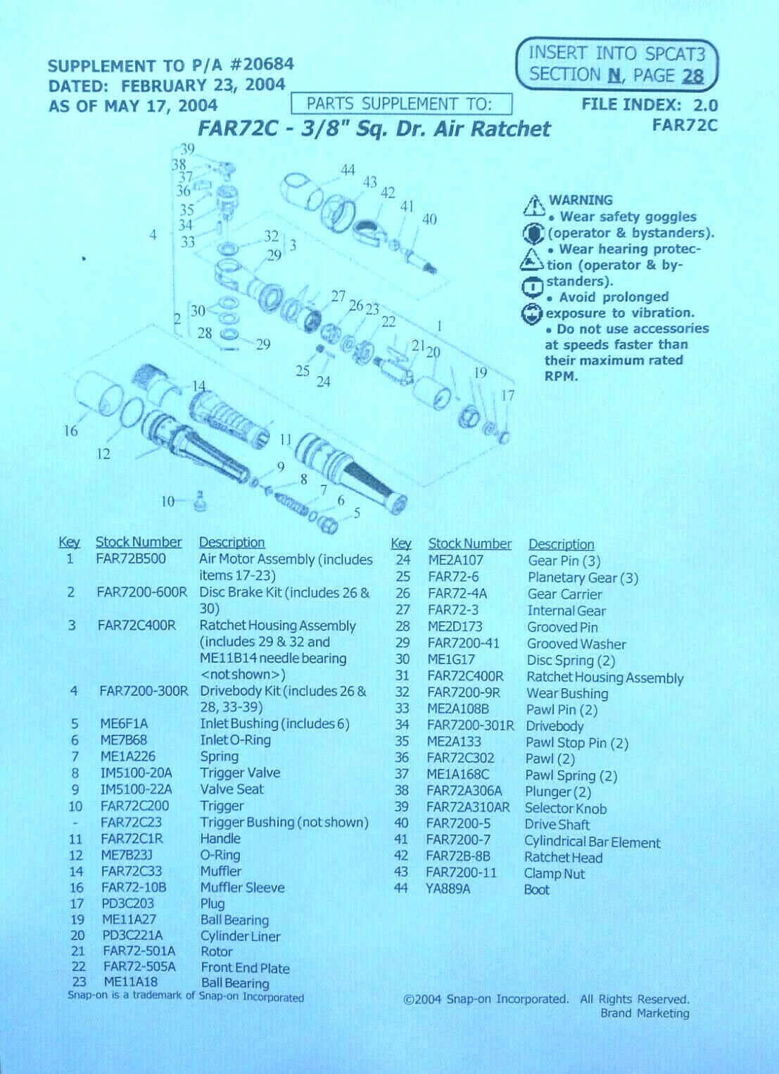 SNAP ON FAR72B 3/8" RATCHET VANE SET + TRIGGER SPRING & BUTTON KIT + O'RING KIT
