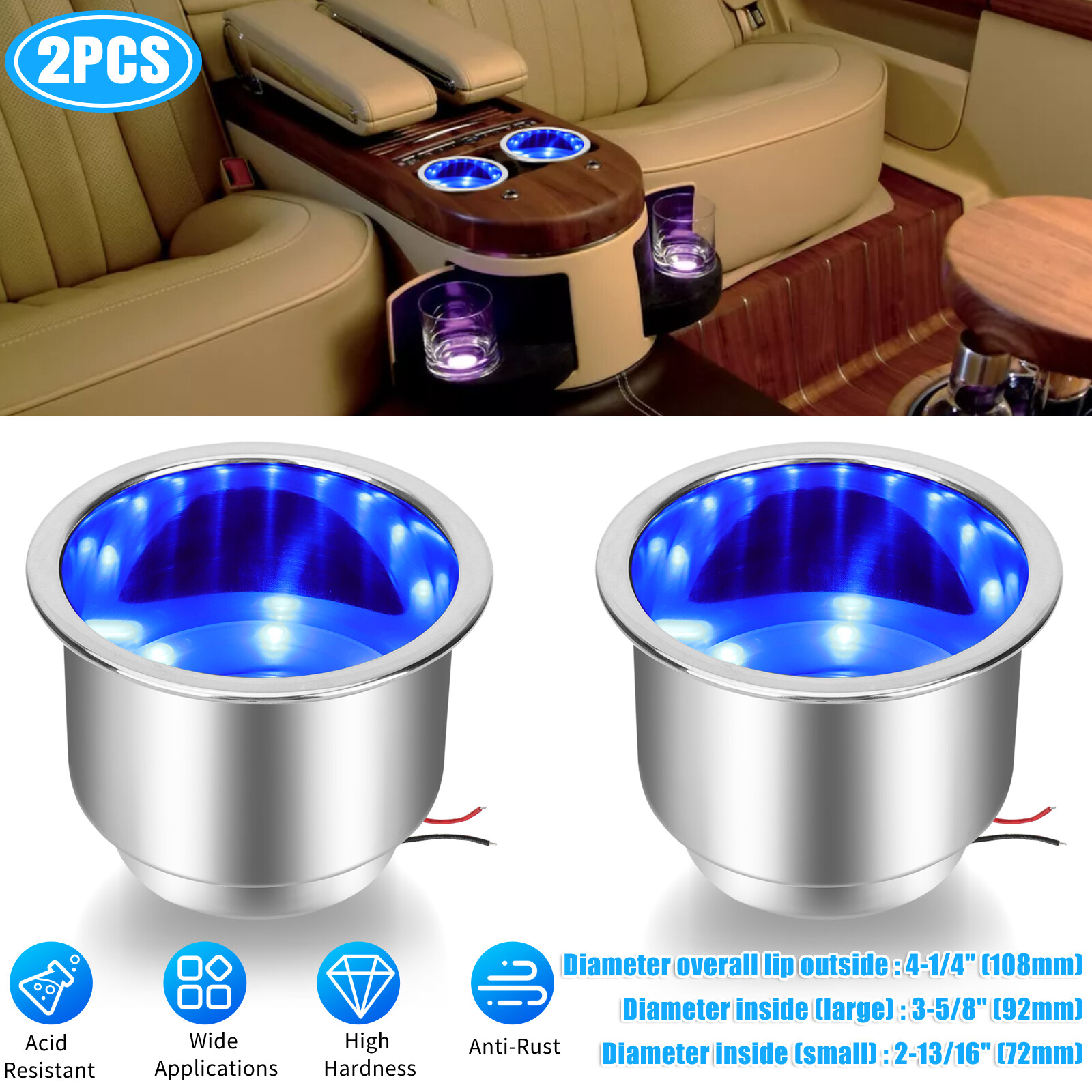 2x Stainless Steel Cup Drink Holder Blue LED for Car Boat Truck Marine Camper RV