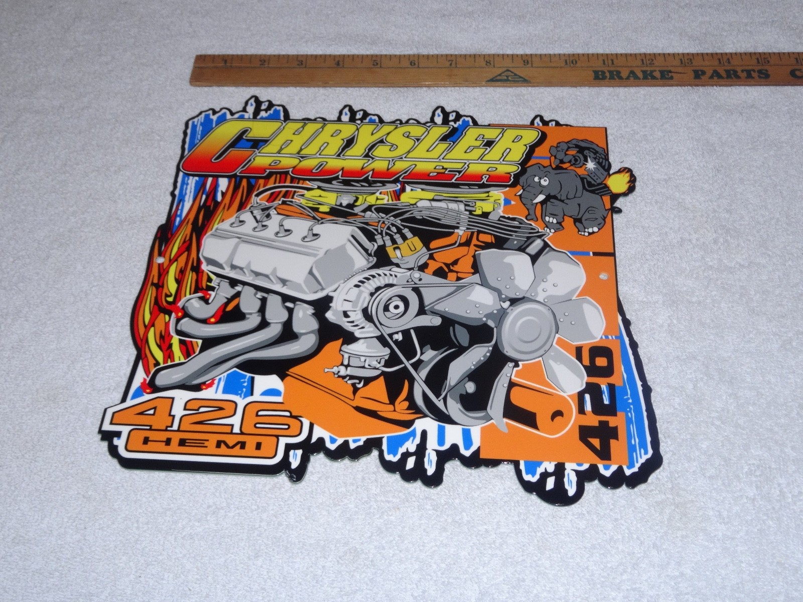 VINTAGE "CHRYSLER POWER 426 HEMI MOTOR ELEPHANT" 11 3/4" METAL GASOLINE OIL SIGN