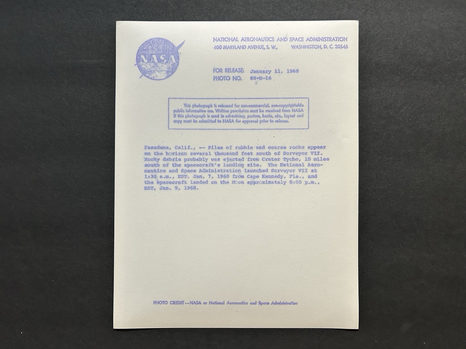 1968 NASA “Moon Surface Piles of Rubble Rocks” Surveyor VII Camera” Photograph