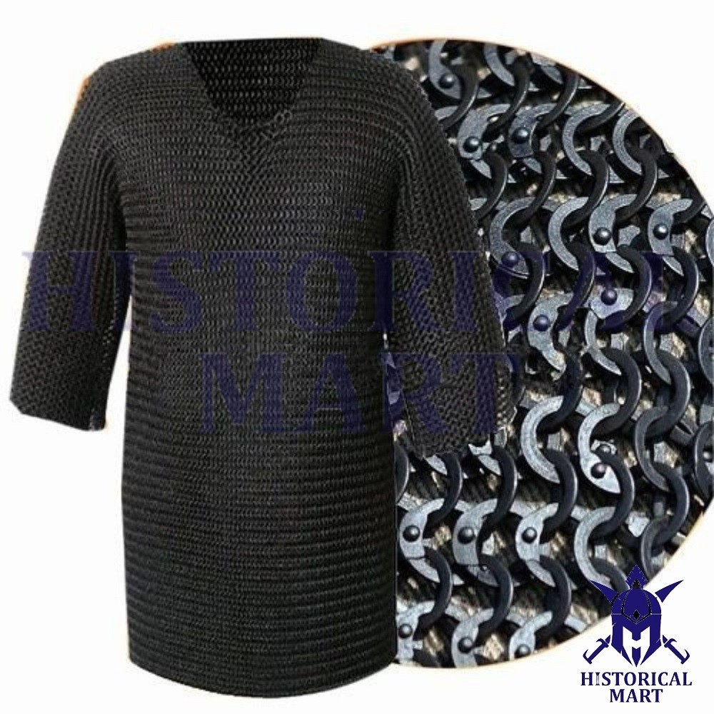 Black Butted-Ring Chainmail Shirt 10mm Mild Steel Short Sleeve Black Finish