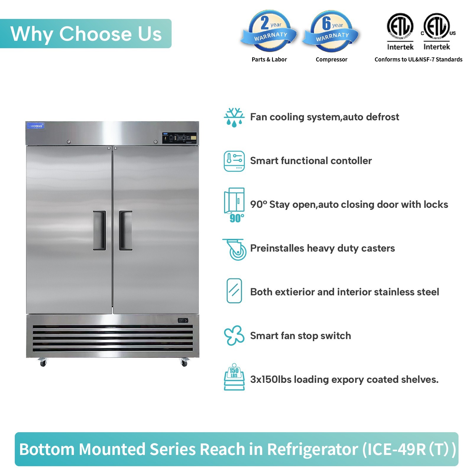 ICECASA 54" Commercial Refrigerator, 2 Door Reach-In Cooler 49 Cu.ft