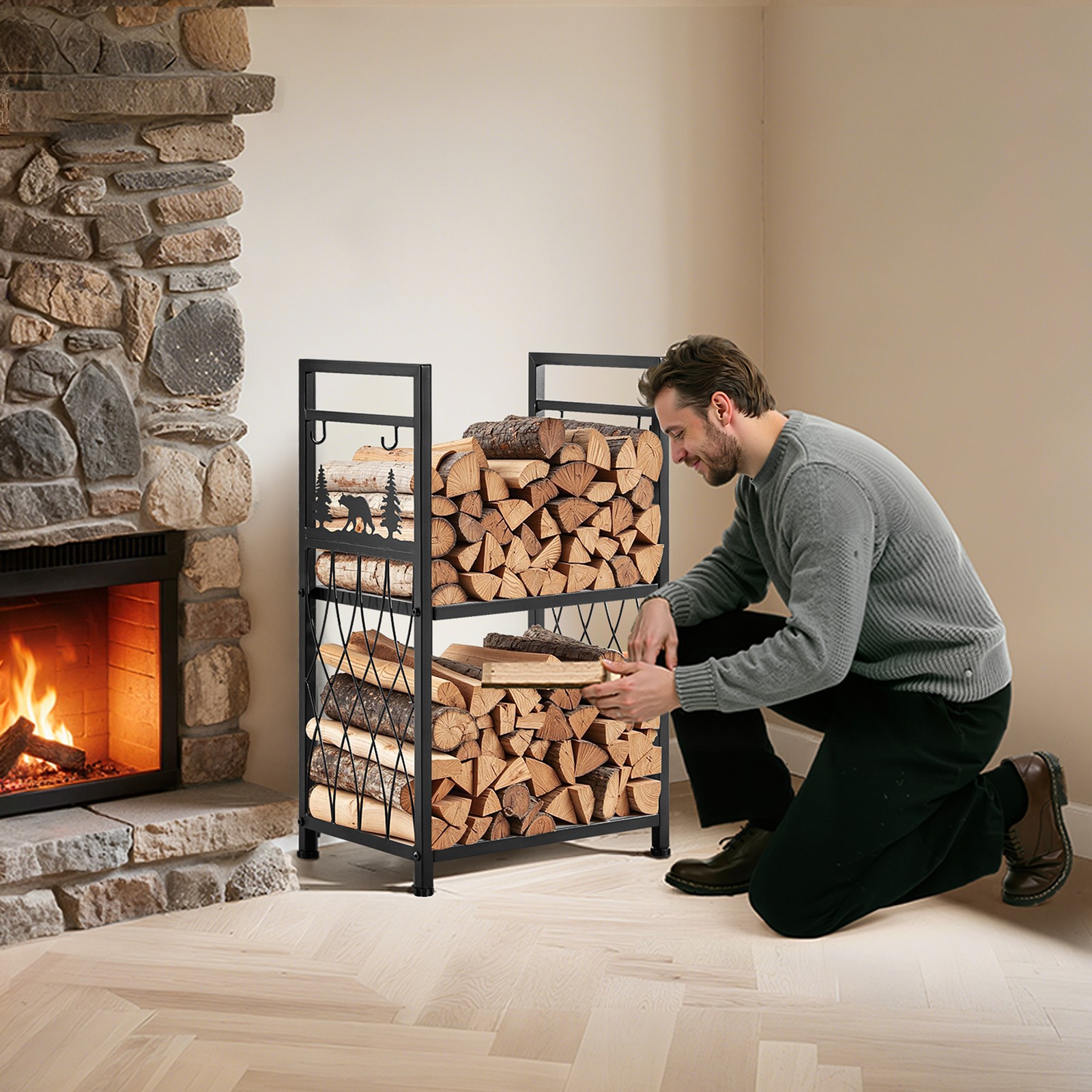 VEVOR 2 Tier Indoor Firewood Rack with Fireplace Tools 1.3 ft Log Wood Holder