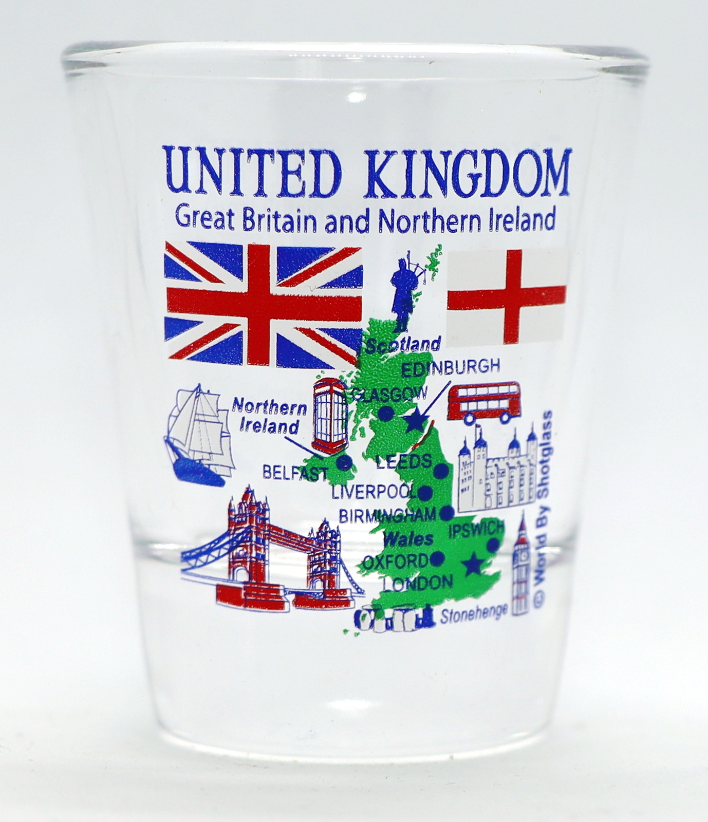 UNITED KINGDOM ENGLAND LANDMARKS AND ICONS COLLAGE SHOT GLASS