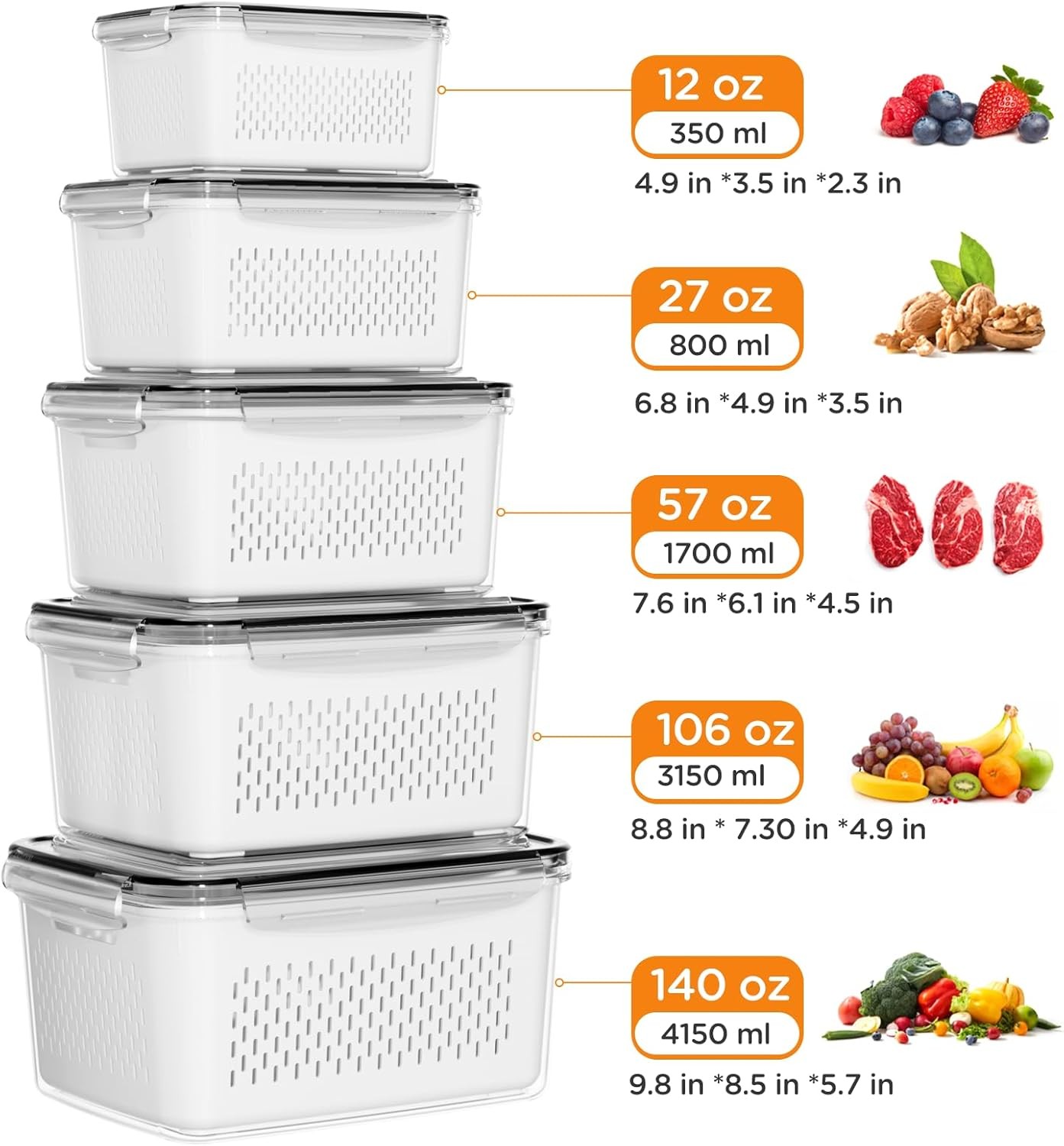 5-Piece Set, 4-in-1 Lidded Fruit & Vegetable Storage Containers, Leak-Proof