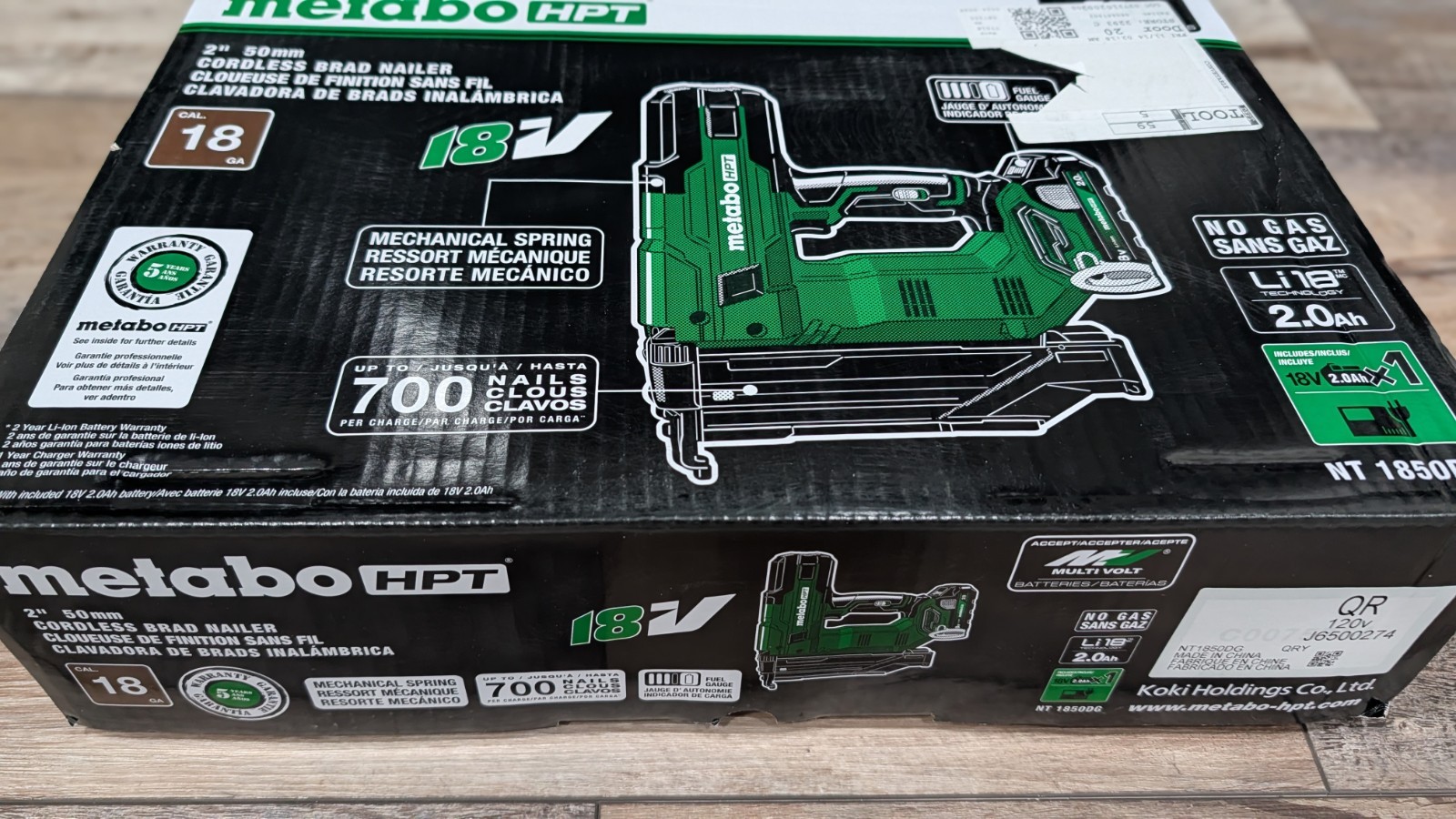 Metabo HPT 18V Cordless 18-Gauge Brad Nailer Kit Batt+Charge, Brushless NT1850DG