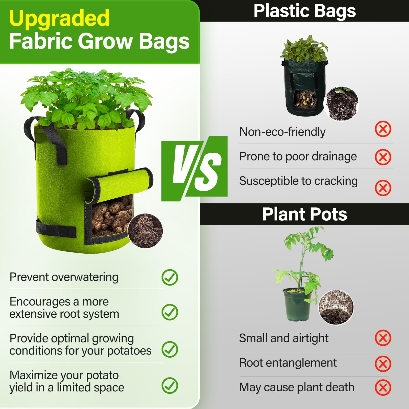 Suntee 6 Pack 10 Gallon Potato Grow Bags with Flap Fabric Plant Pots Multicolor