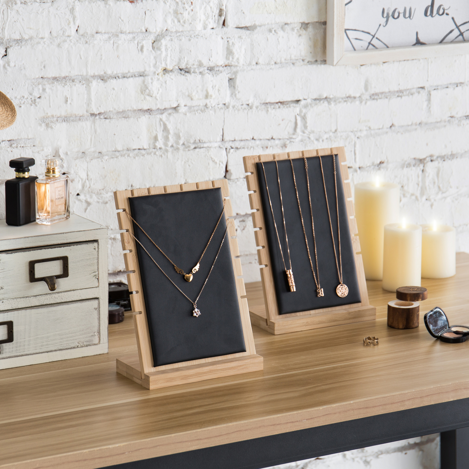 Bamboo Necklace Jewelry Tabletop Display Boards, Jewelry Towers, Set of 2