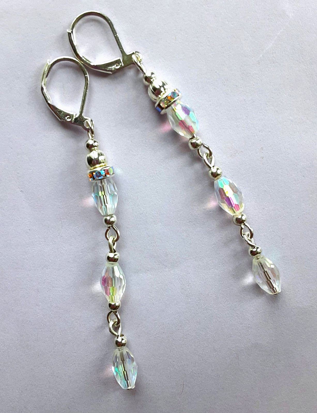 faceted CLEAR CRYSTAL & AB RING dangle earring SP LEVER BACK handcrafted XCBA