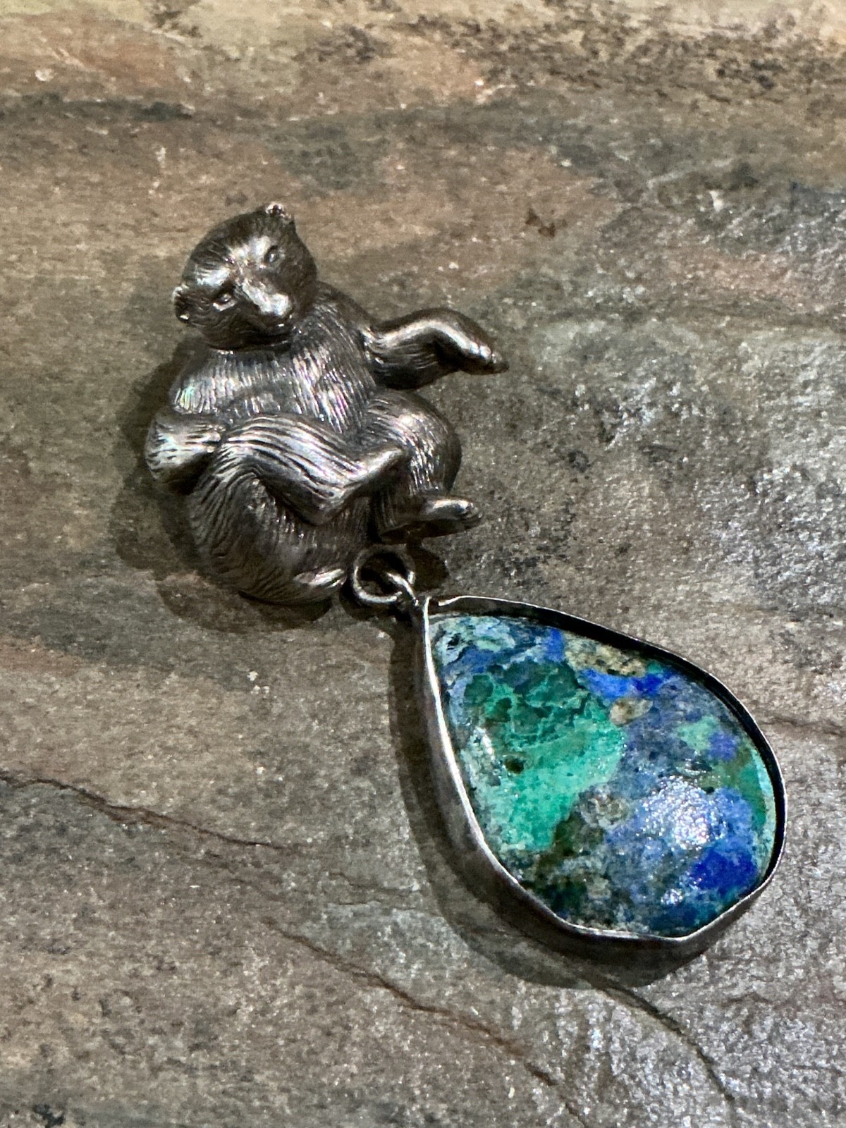 Carol Felley Sterling Silver 3D Bear w Stone Teardrop Pendant/Pin Unique Beauty