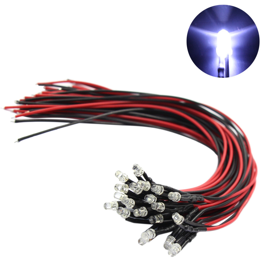 20pcs Pre-wired Resistor 26awg 20cm Wire Bright White 3mm LED Light Lamps 12V