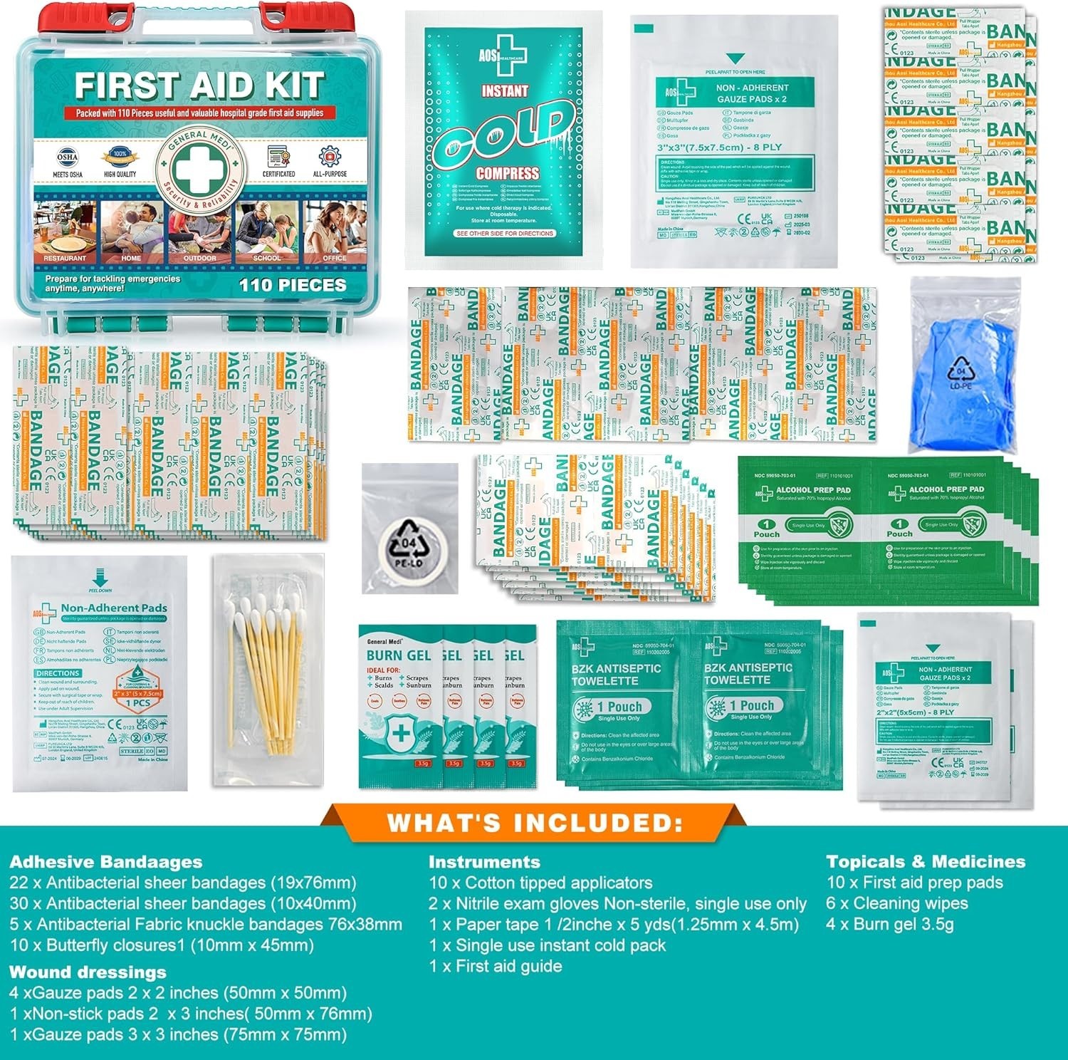 110 Pieces Small First Aid Kit - HardCase First Aid Box - Contains