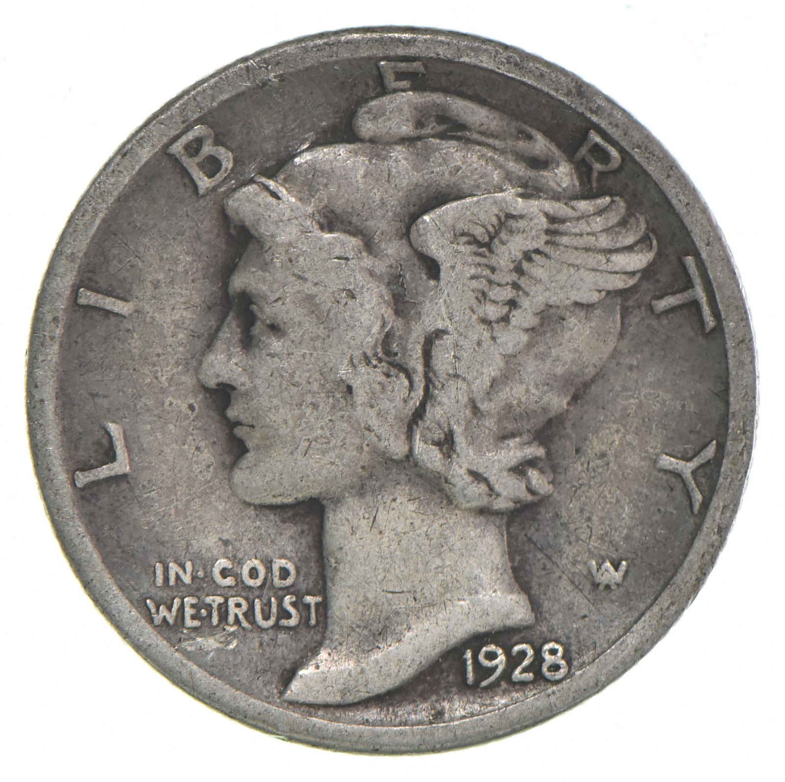 VG+ 1928-D Mercury 90% Silver Dime