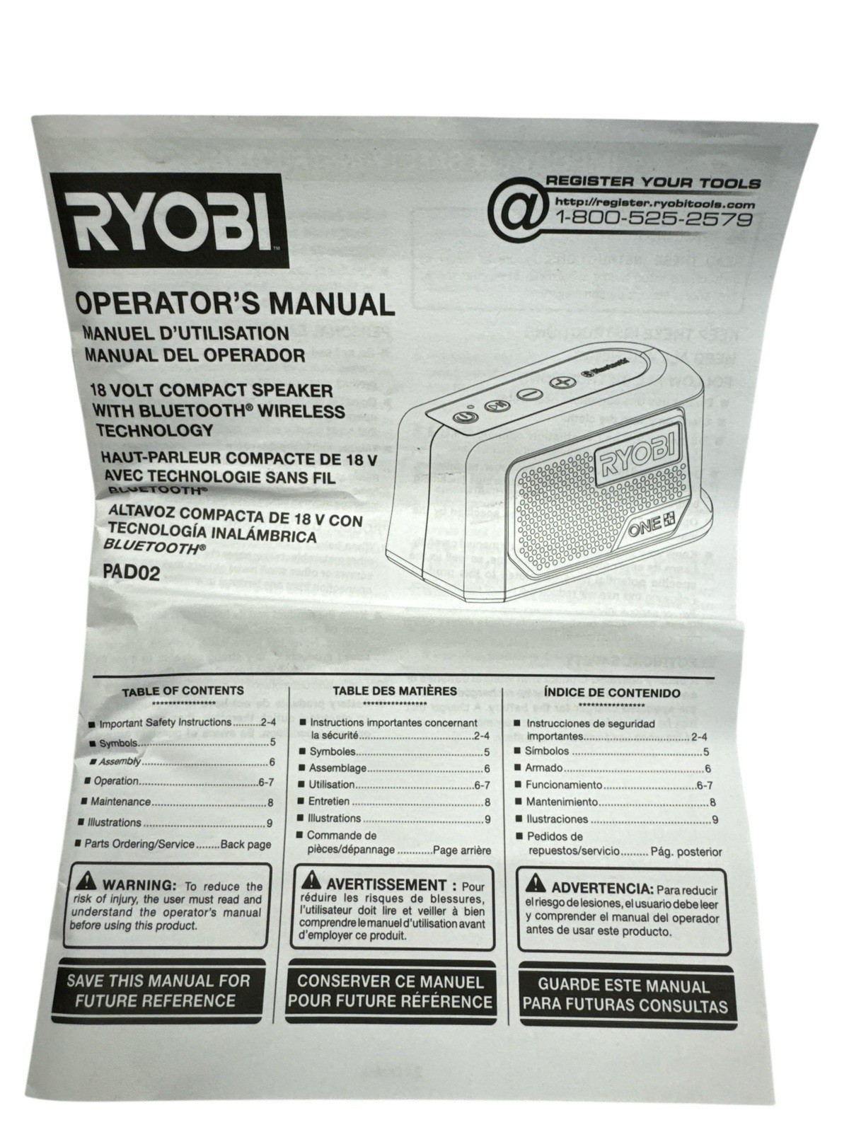 Ryobi ONE+ Portable Compact Smart Bluetooth Speaker PAD02 Tool Only (OB)