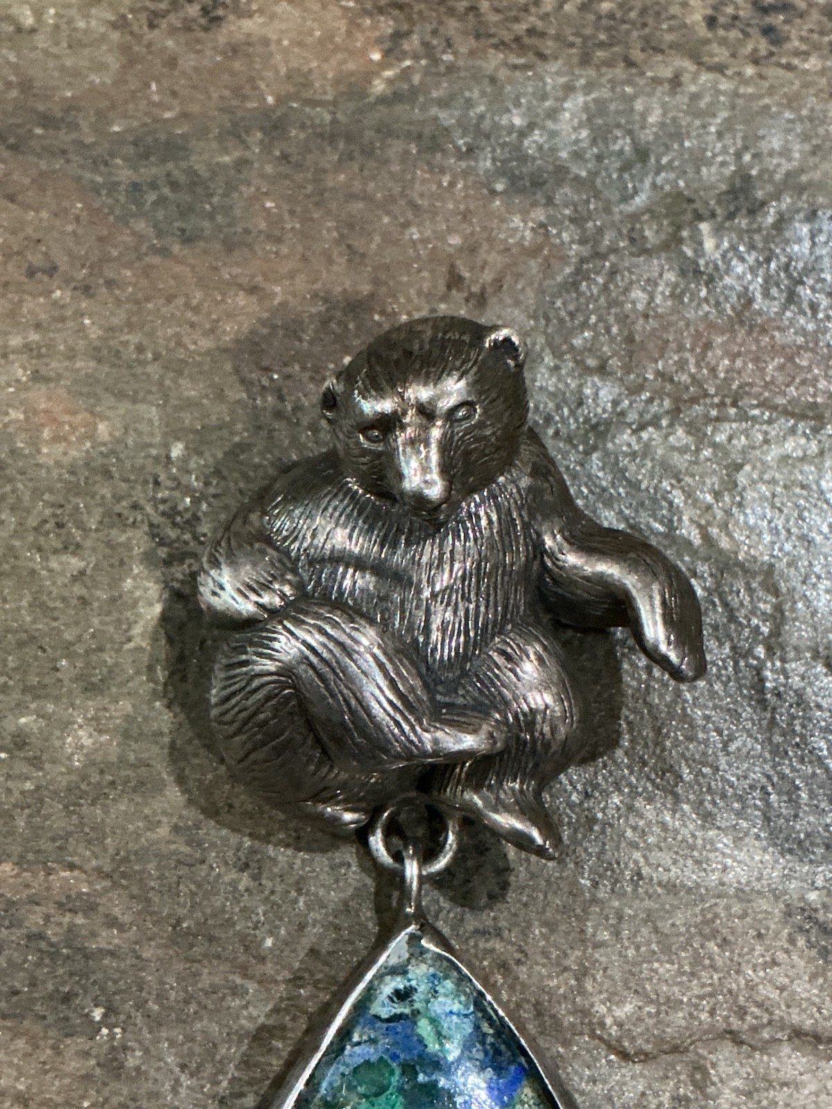 Carol Felley Sterling Silver 3D Bear w Stone Teardrop Pendant/Pin Unique Beauty