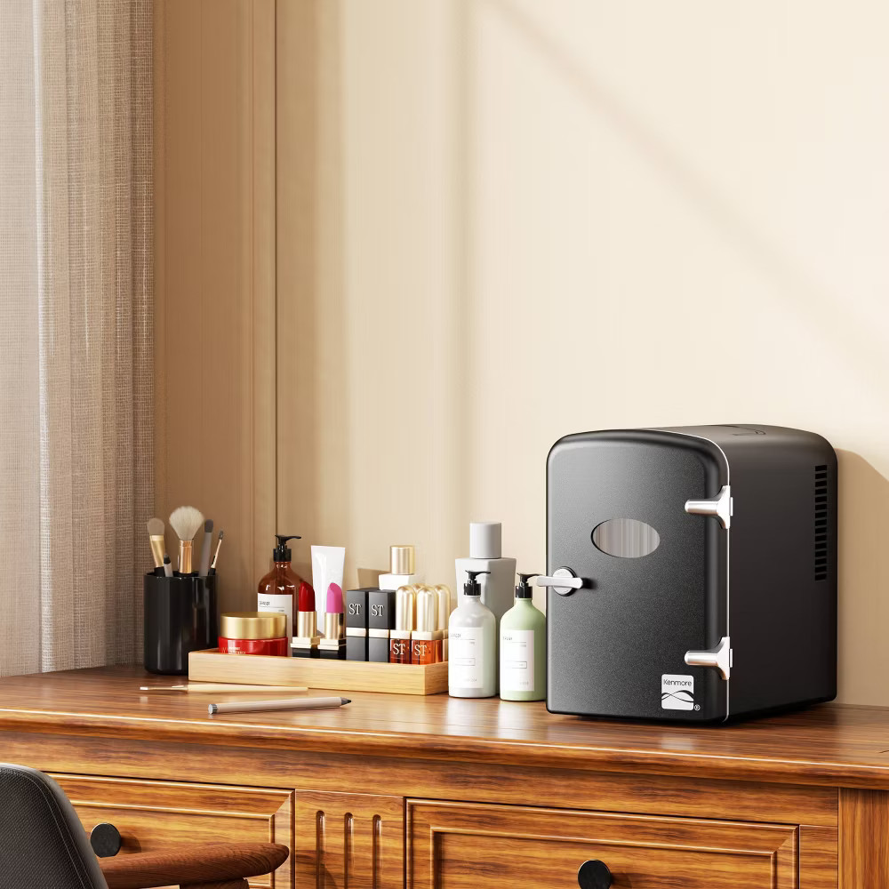 Kenmore 6 can Mini Refrigerator: Countertop Tiny Fridge for Skincare & Makeup,