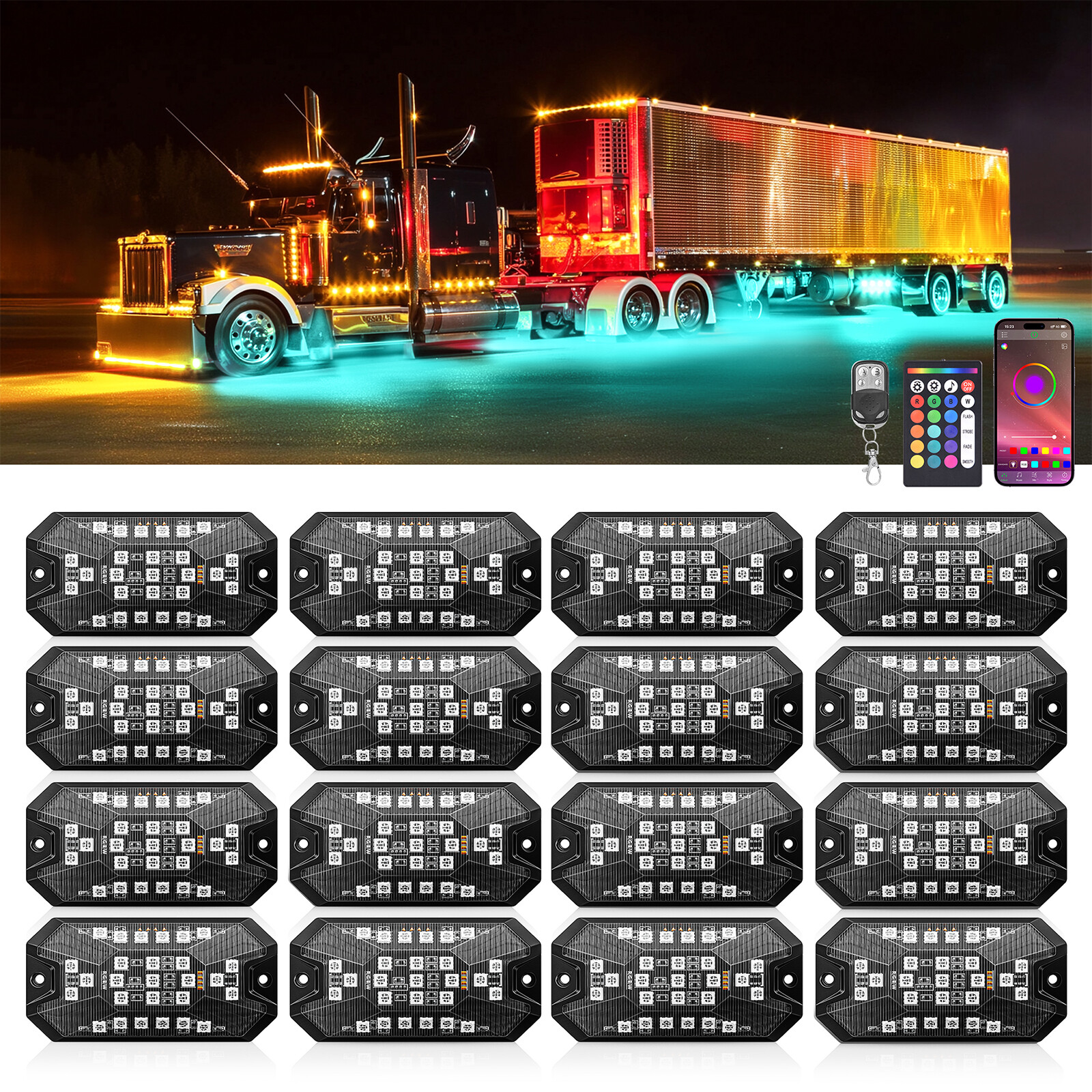 16-Pods RGBW LED Underglow Rock Lights for Trucks Cars, App & Remote Controller