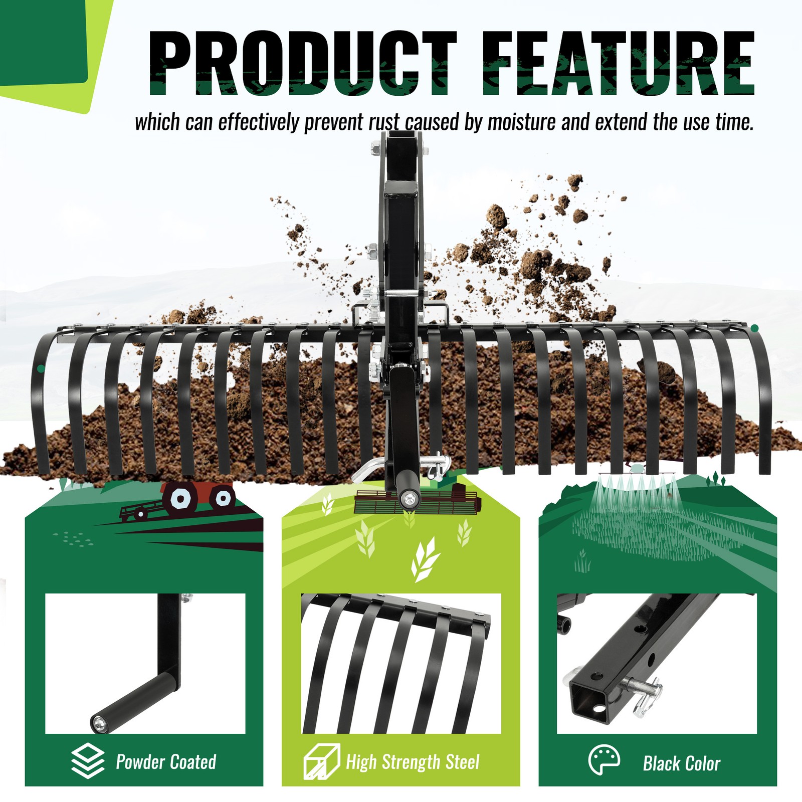 For ATV UTV Lawn Garden Tractors 60" Landscape Rake W/1 Point Hitch Lift Steel