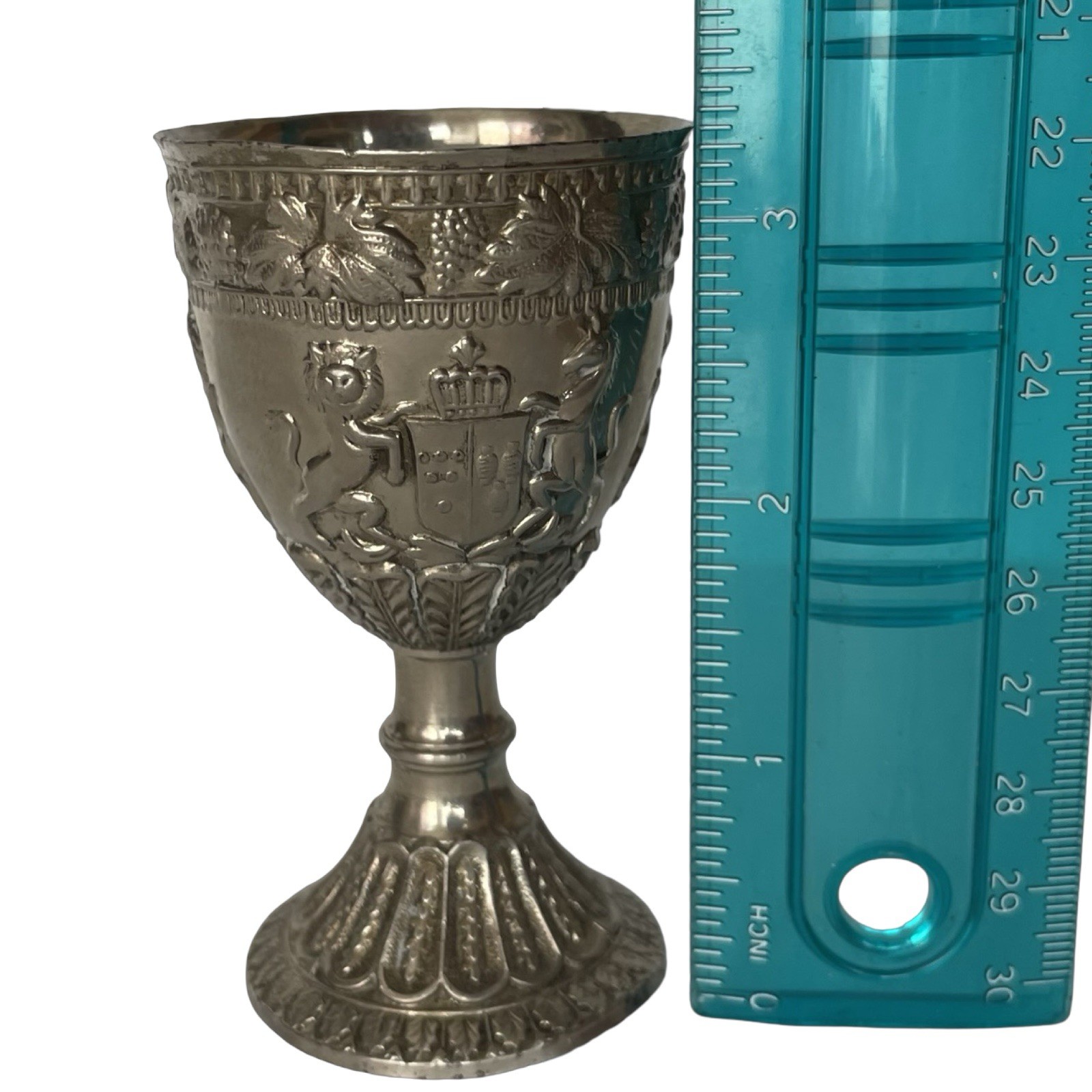 Wine Cordial Goblet Shot Glass Coat Of Arms Grape Lion Unicorn Silver Plate 3.5”