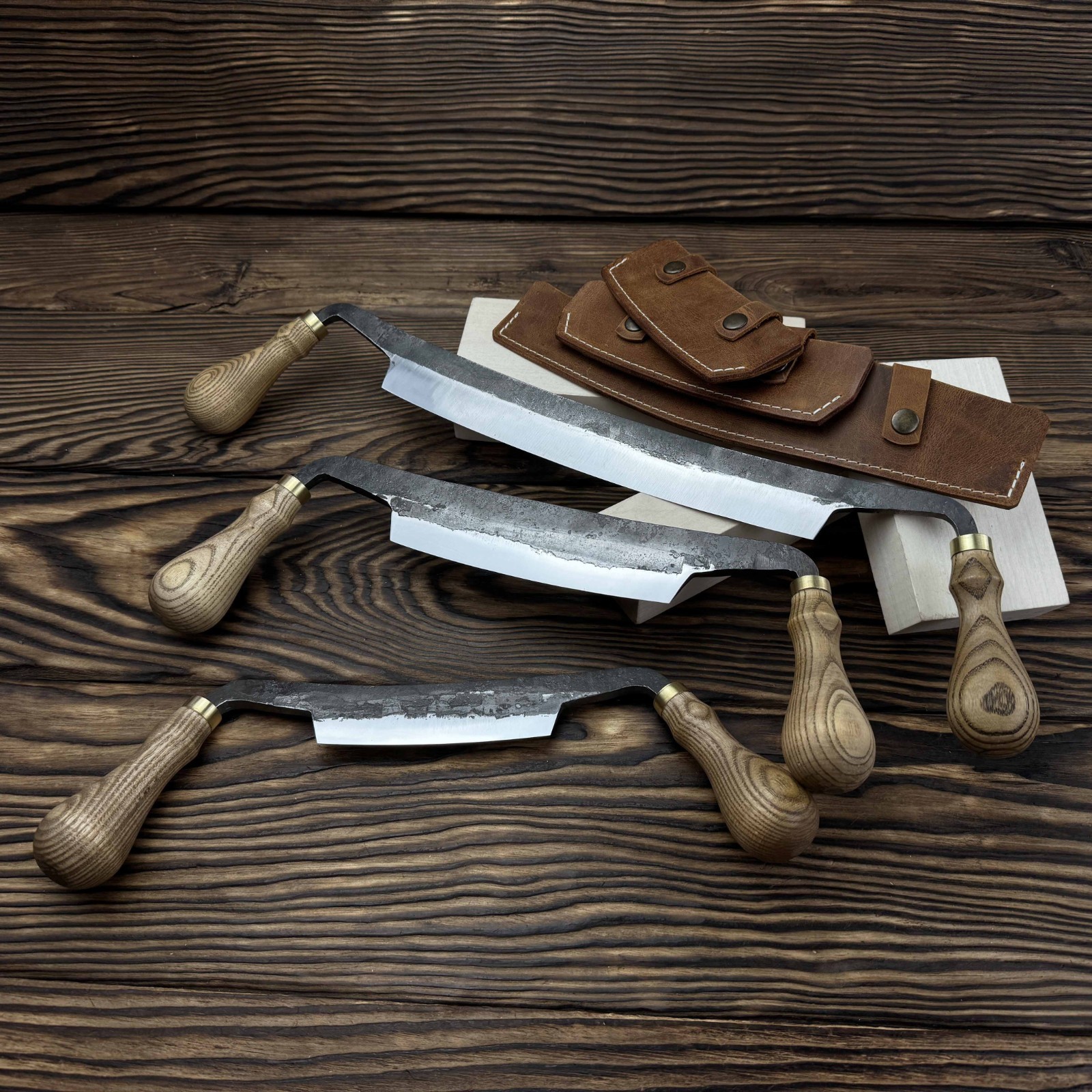 Straight Drawknife Hand-Forged 3-piece Set Ash Handles Steel Blades Gift.