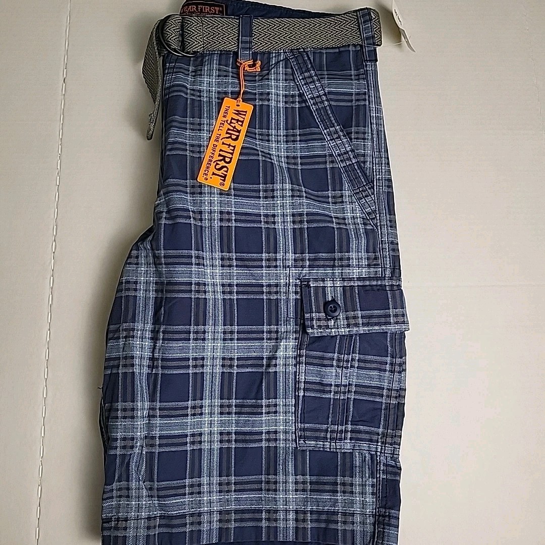 NWT Wear First Mens 36 Y2K/2000s BAGGY PLAID CARGO SKATE SHORTS Blue Belted