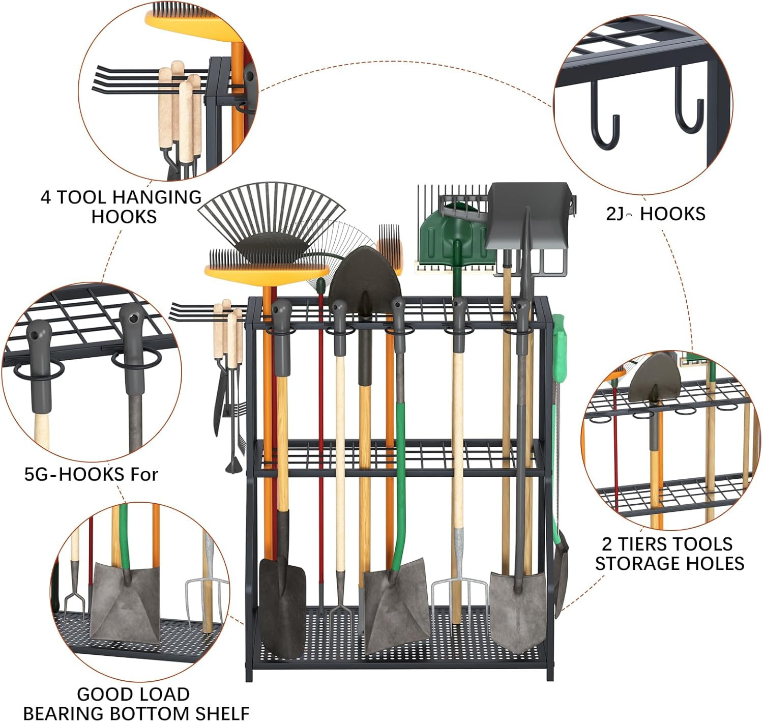 Yard Tool Storage Rack, Steel Organizer for Long-Handled Tools, Black