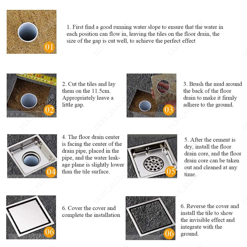 Square Shower Floor Drain 6-Inch Tiled Insert Grate Strainer