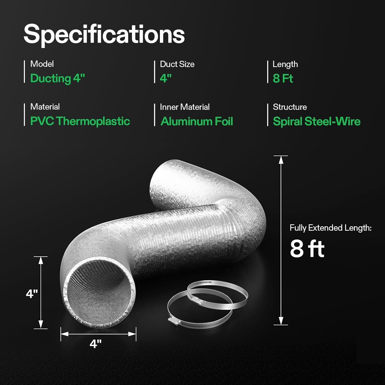 VIVOSUN 2PCS 4"X8Ft Non-Insulated Flex Air Aluminum Ducting for HVAC Ventilation