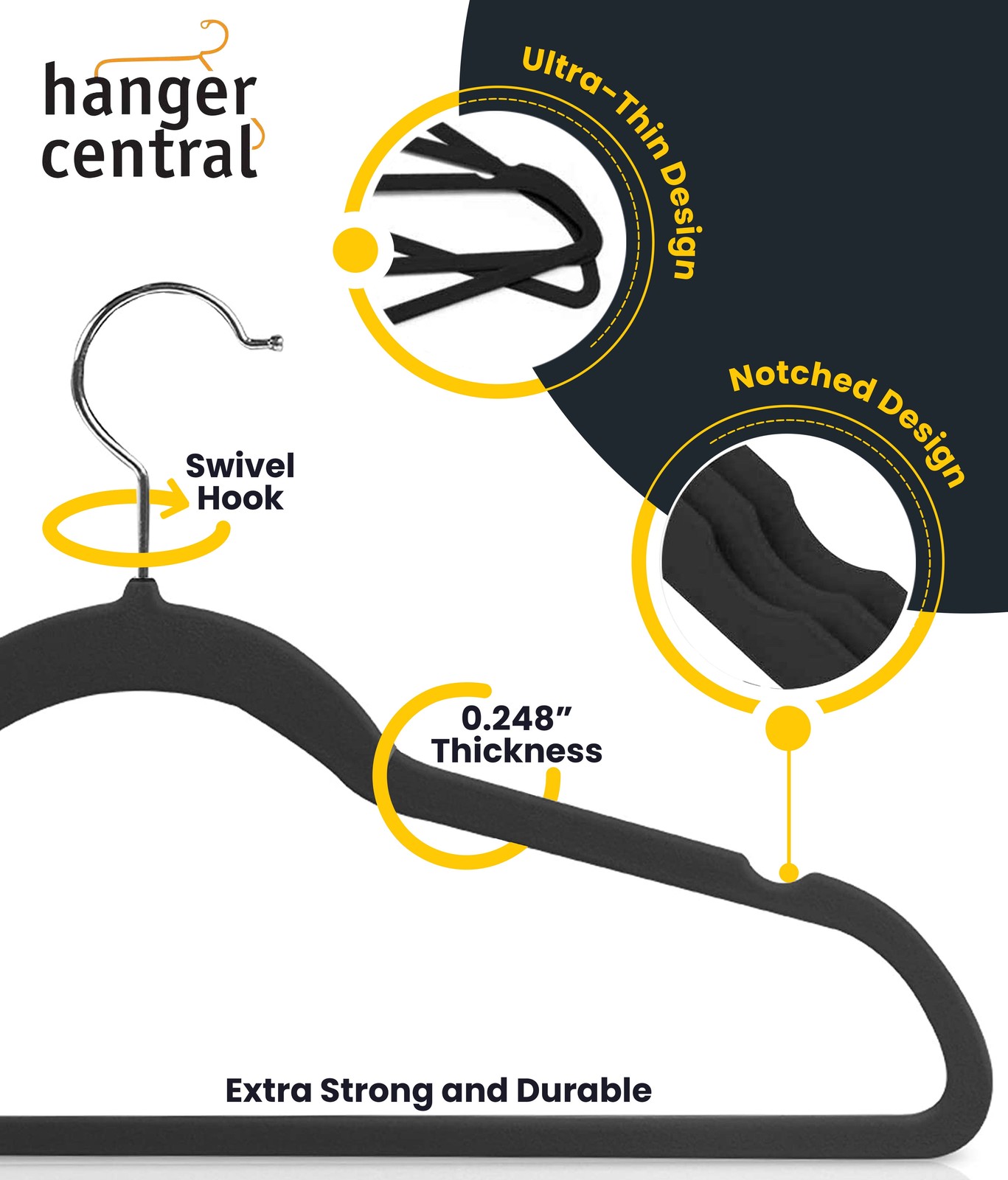 25 Pack 17 Inch Black Velvet Clothes Hangers with Swivel Hook