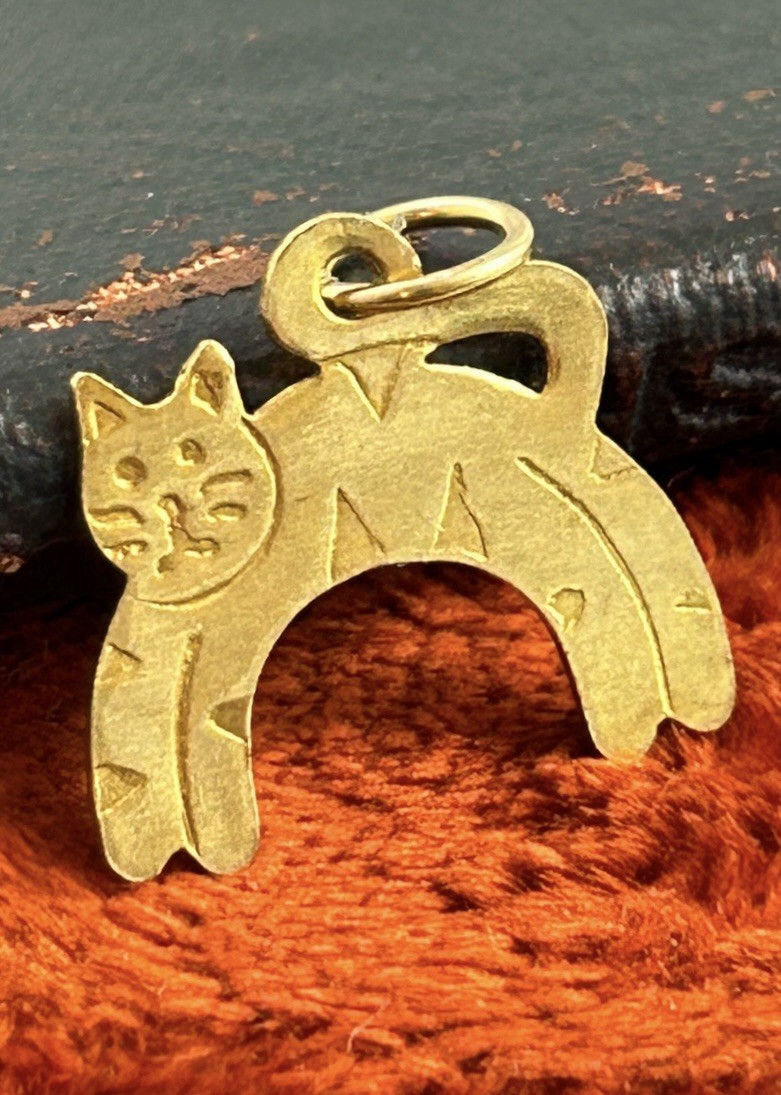 Vintage Cat Charm Necklace Pendant Kitten Kitty Vintage Jewelry Etched Brass