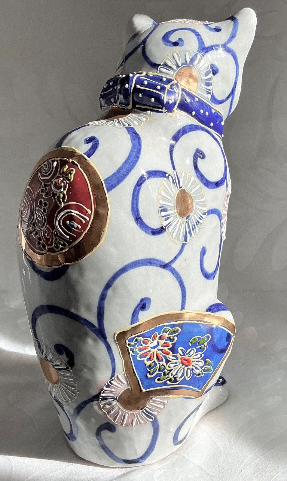 Vtg Large Kutani Cat 9" Porcelain Figurine Japanese Lucky Kitten Sculpture