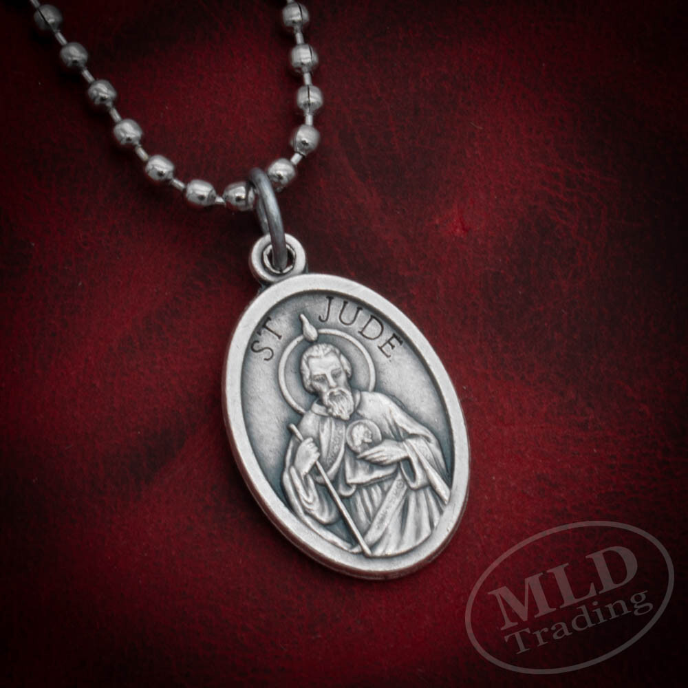 Saint St Jude Medal Pendant Necklace - Zinc Alloy, Made in Italy, 1" w 24" Chain