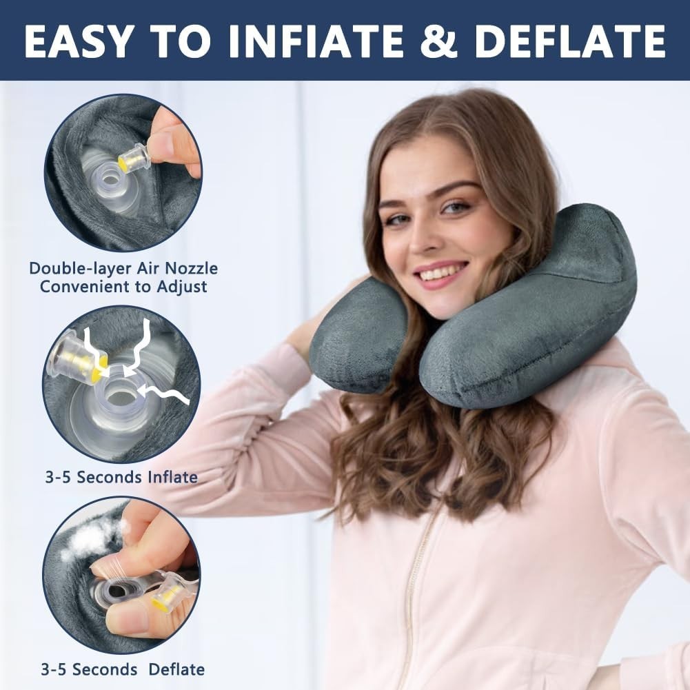 Inflatable Neck Travel Pillow Soft Velvet Ergonomic Airplane Car Grey