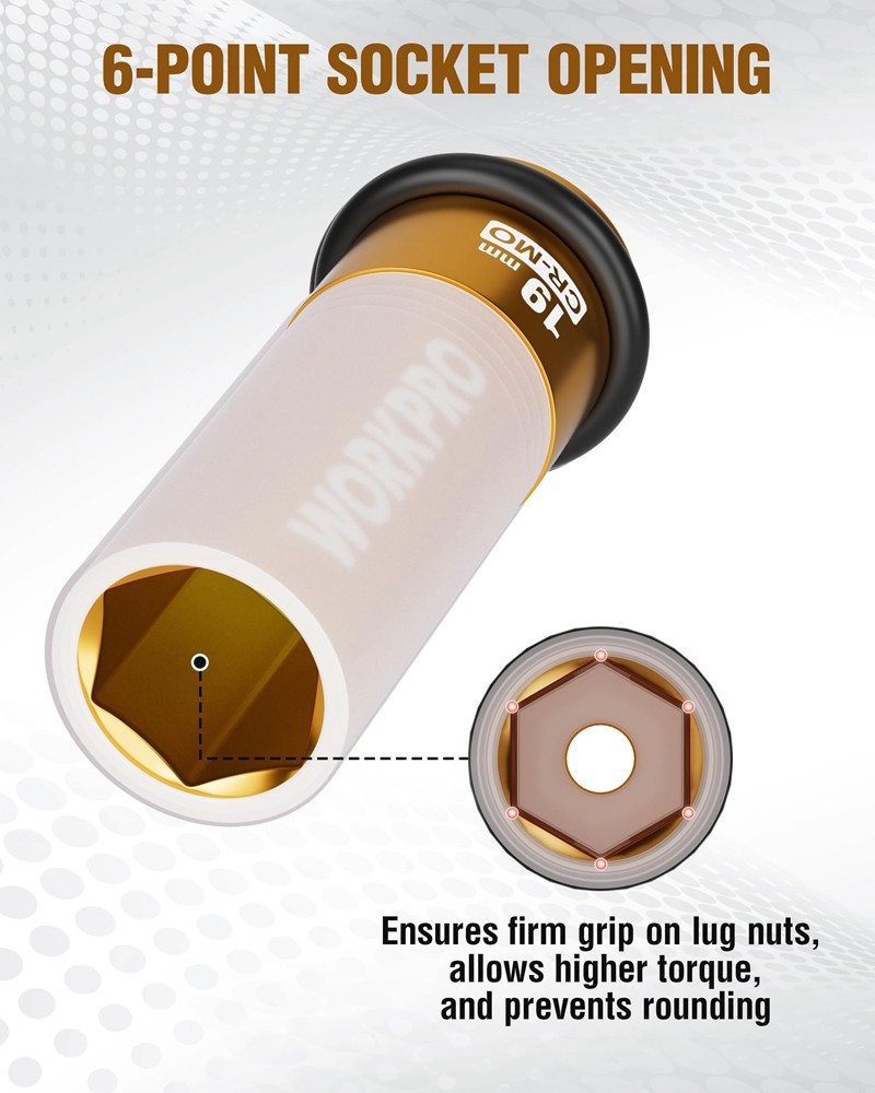 WORKPRO 1/2" Drive Lug Nut Impact Duty Socket 19mm Deep Thin Wall Socket 6 Point