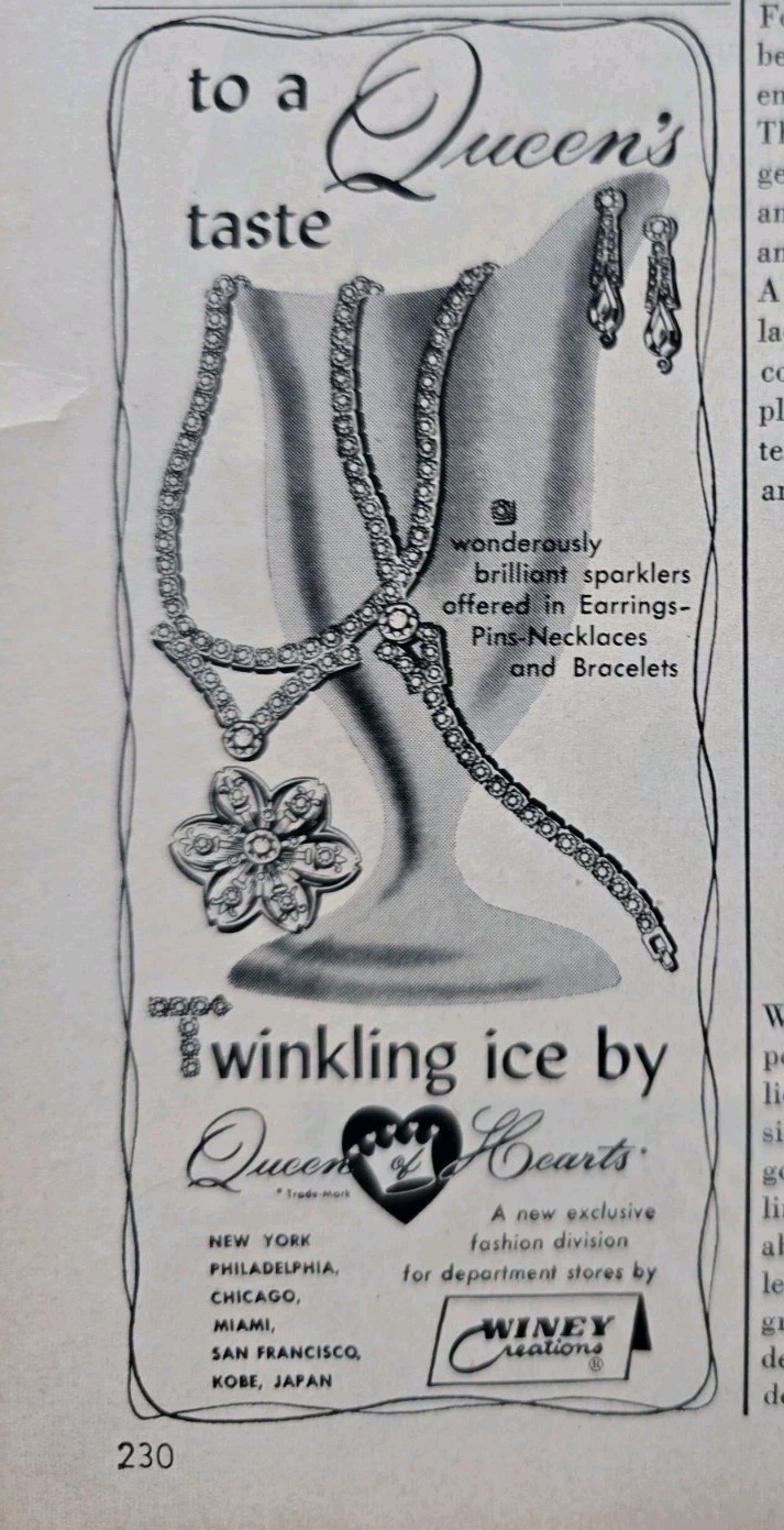 1955 Winey Creations Twinkling Ice jewelry to Queen's taste Vintage ad