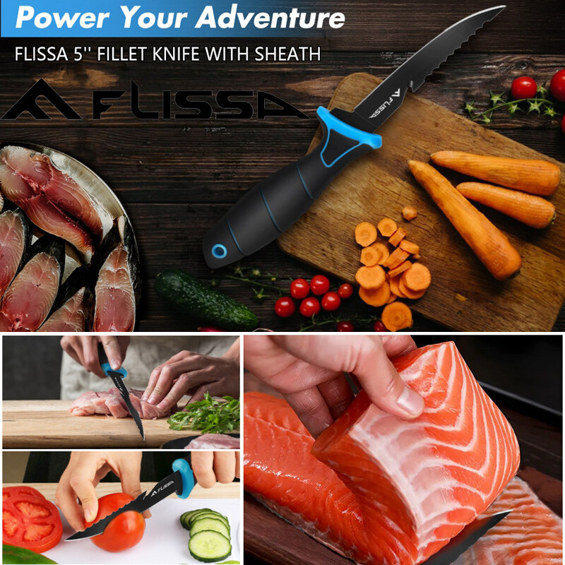 FLISSA 5''/6''/7''/9'' Fillet Knife Cutting Notch Non-Slip Handle w/Black Sheath